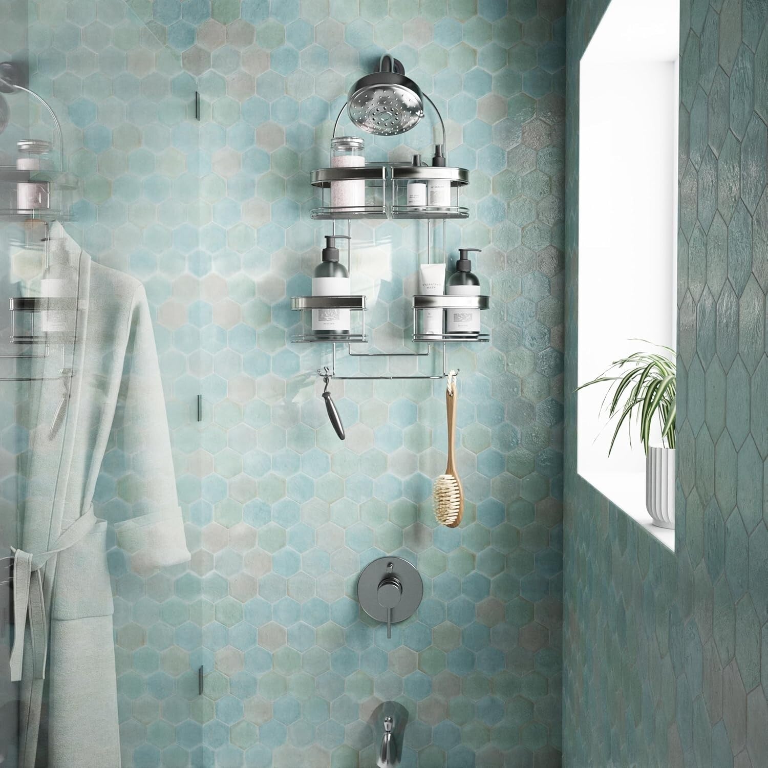 Adjustable Stainless Steel Shower Caddy with 4 Expandable Baskets for Storage