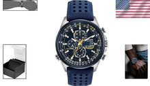 Load image into Gallery viewer, Men's Eco-Drive Atomic Chronograph Watch - Blue Leather &amp; Stainless Steel