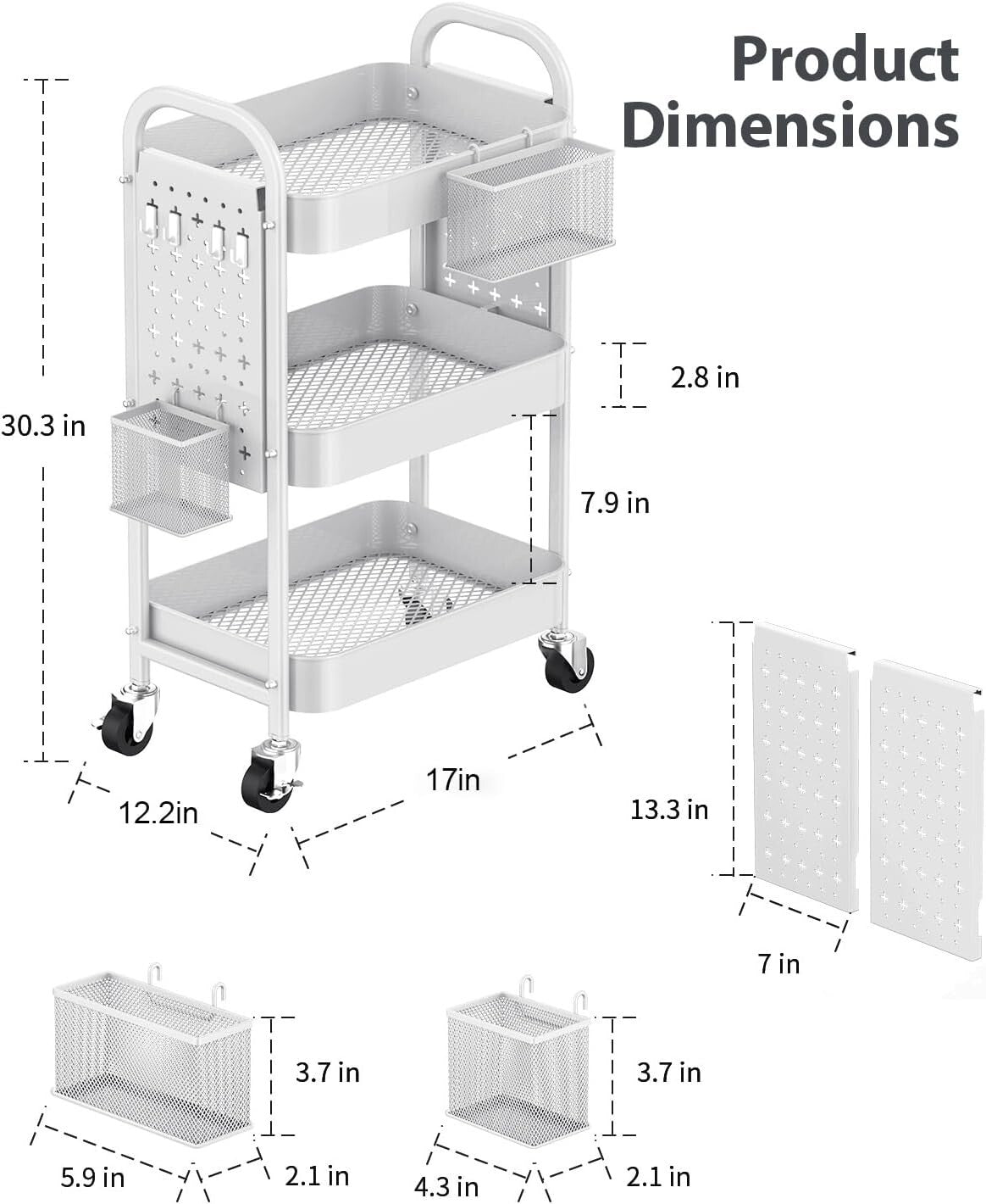 Durable 3-Tier Rolling Cart with Baskets & Hooks - Easy Assembly Required