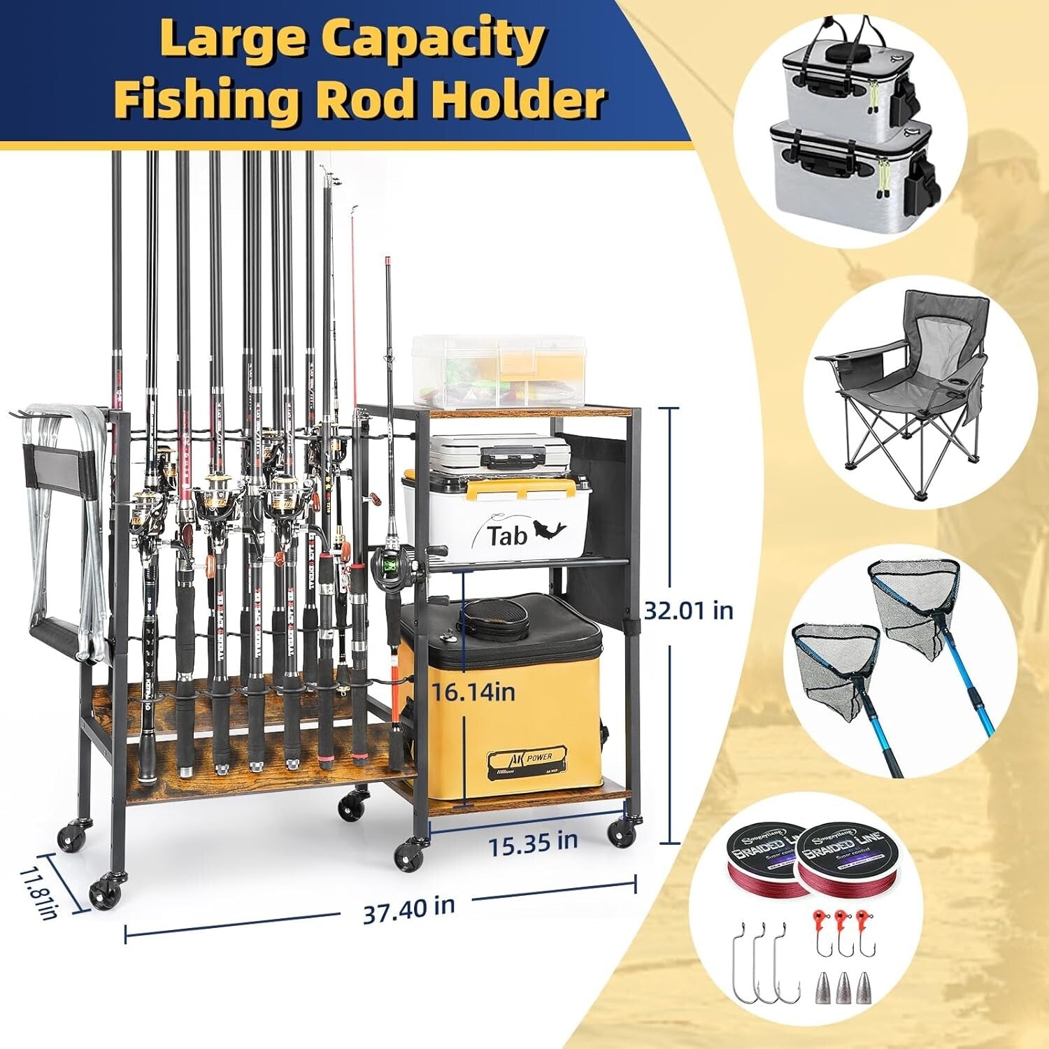 Professional Fishing Gear Storage on Wheels - 16 Rod Holder with Rubber Support