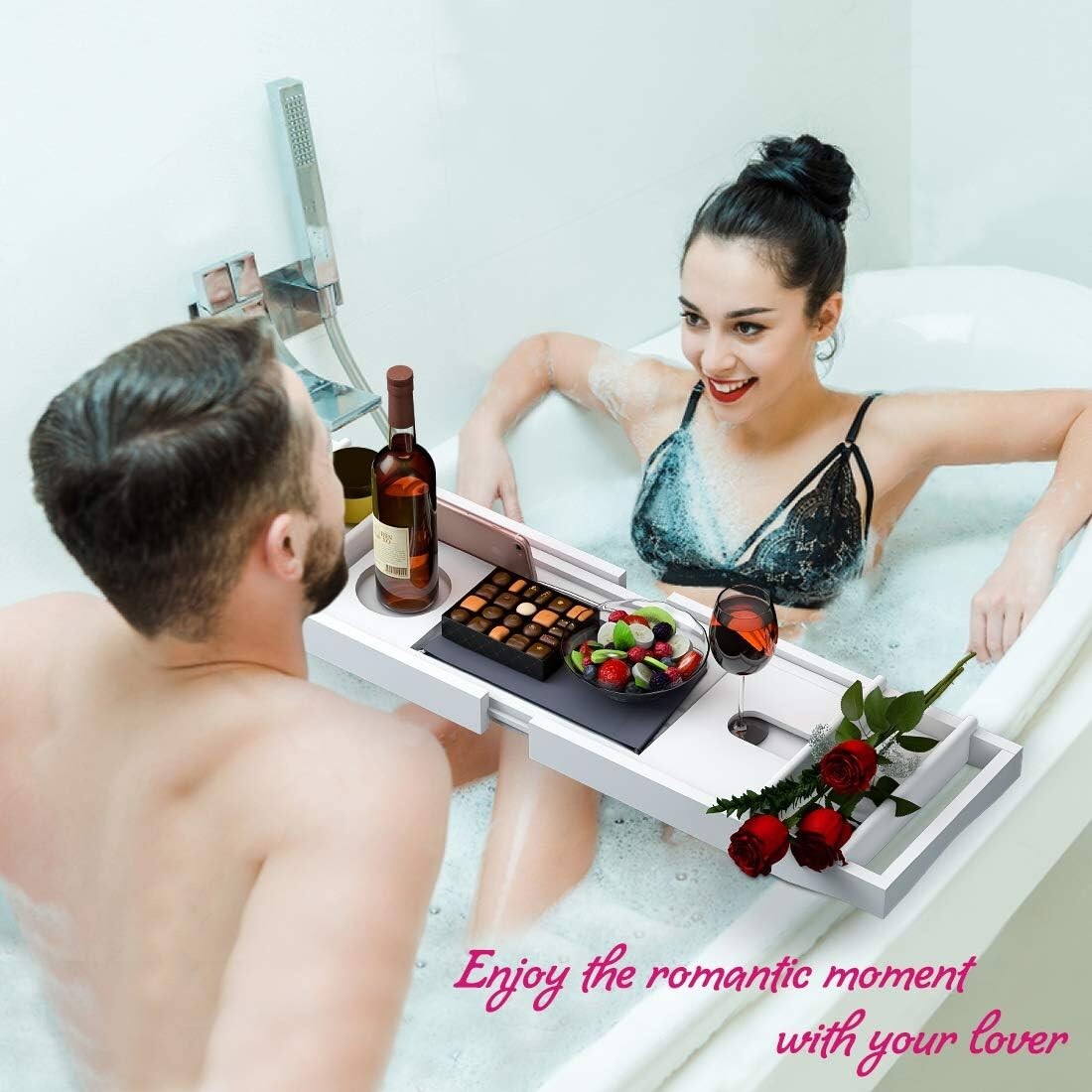 Expandable Bamboo Bathtub Caddy Tray - Elegant White Bath Table with Wine Holder