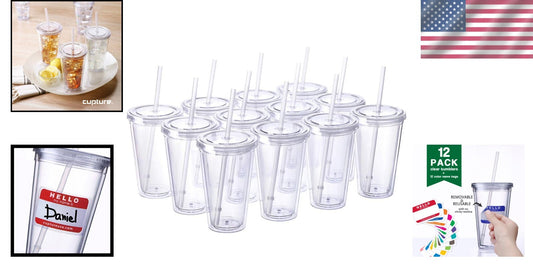Classic 12-Pack Insulated Double Wall Tumblers with Straws & Name Tags - 16 oz