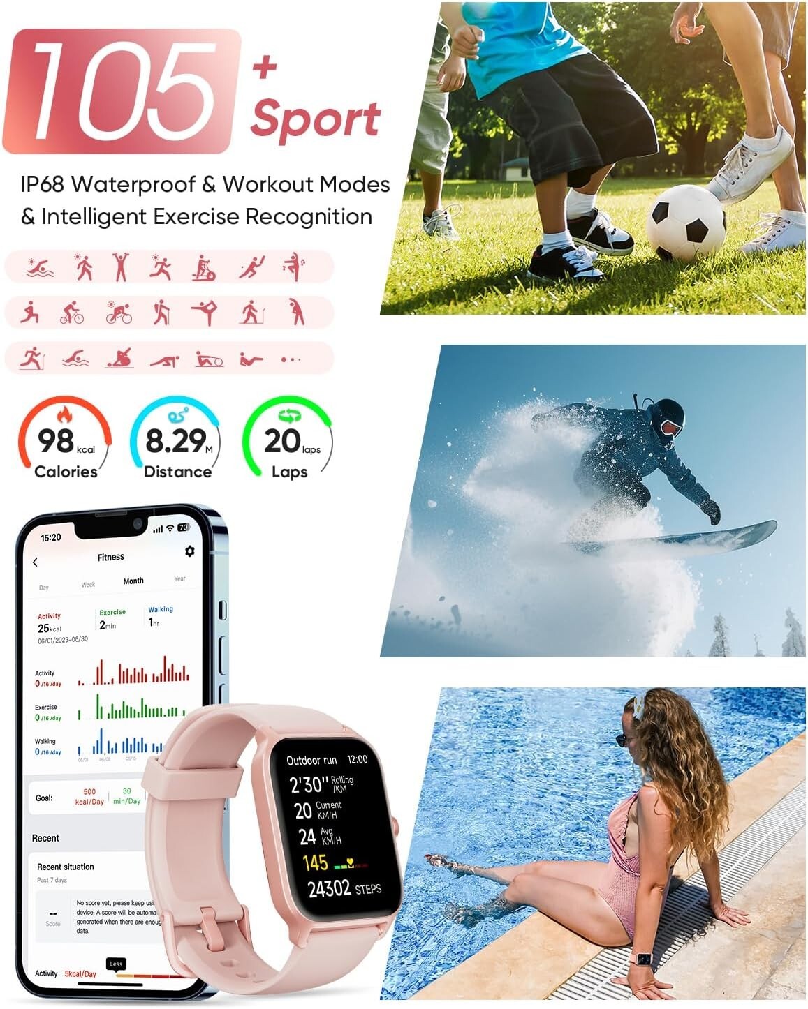 Waterproof Smartwatch for Women: 24/7 Health Monitoring & Long Battery Life