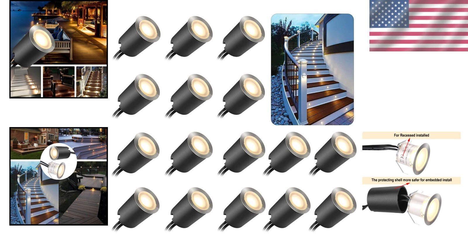 Durable LED Deck Lighting Kit - 16 Warm White Lights with Black Protective Shell