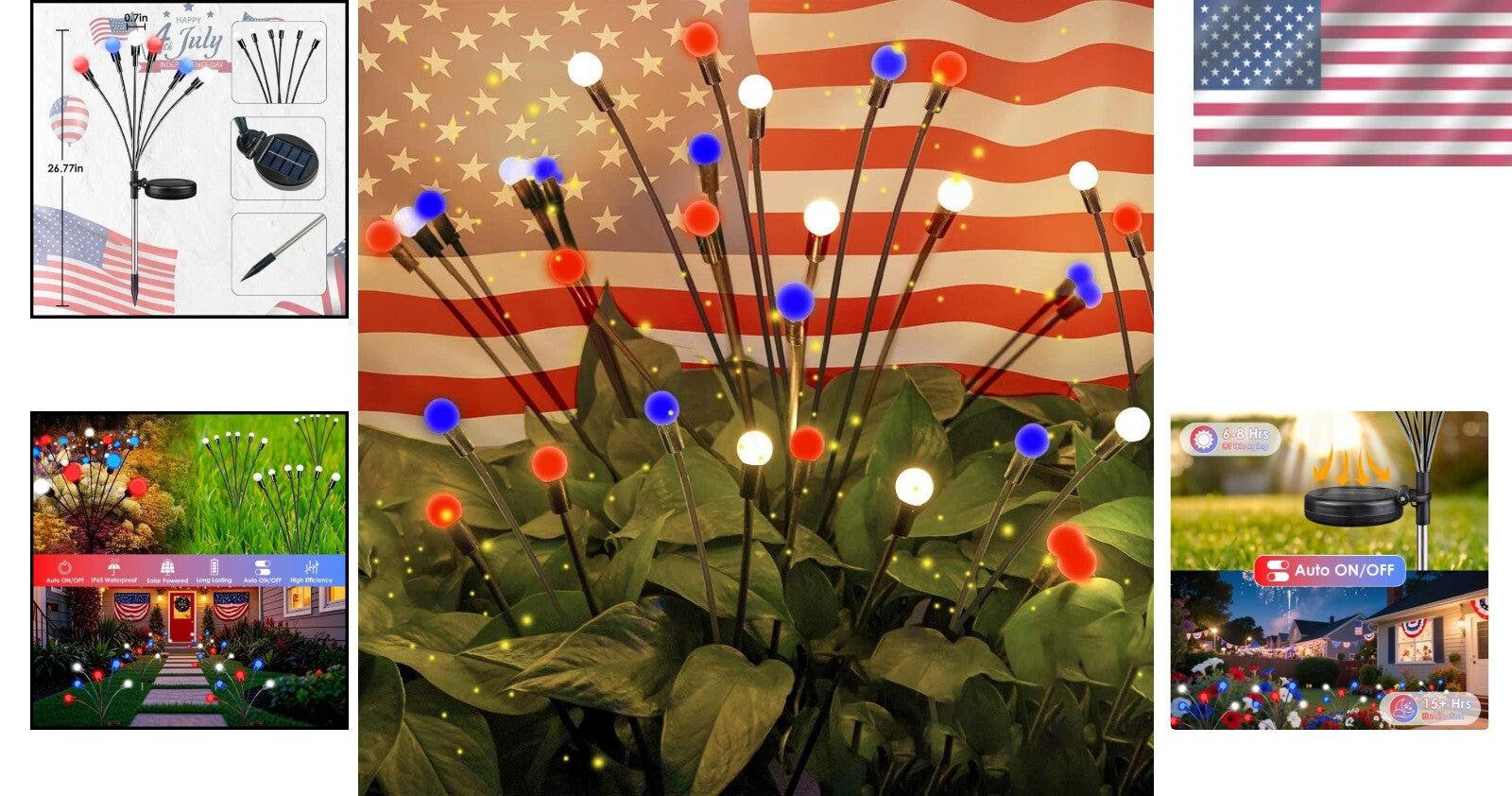 6 Pack Solar LED Firefly Lights - Perfect for Independence Day & Garden Decor