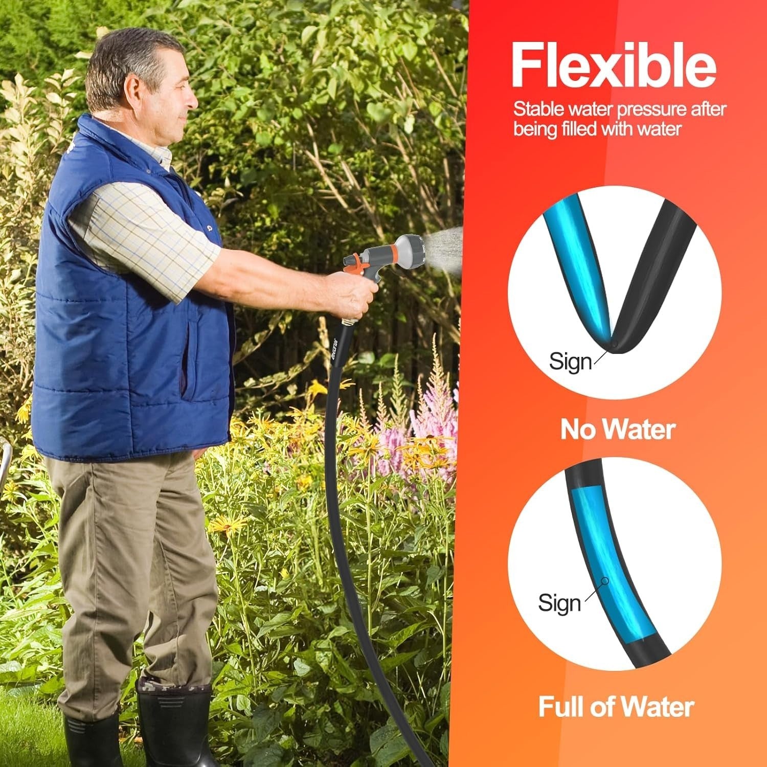 Flexible 50 ft Kink-Less Water Hose - 600 PSI, Brass Connector for Durability