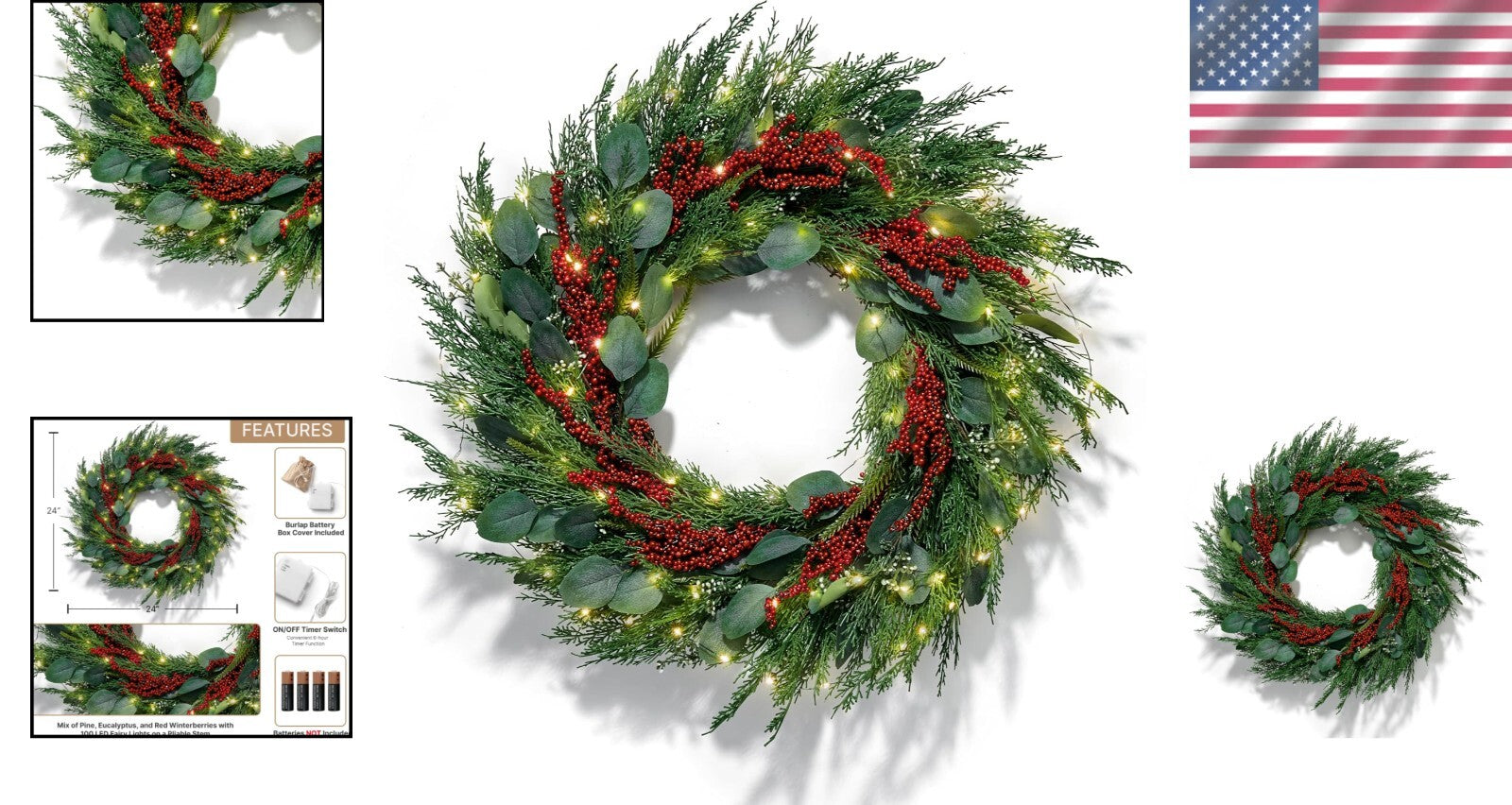 Battery-Powered 24 Inch Winter Wreath with Red Berries & Timer - Farmhouse Style