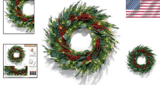 Battery-Powered 24 Inch Winter Wreath with Red Berries & Timer - Farmhouse Style