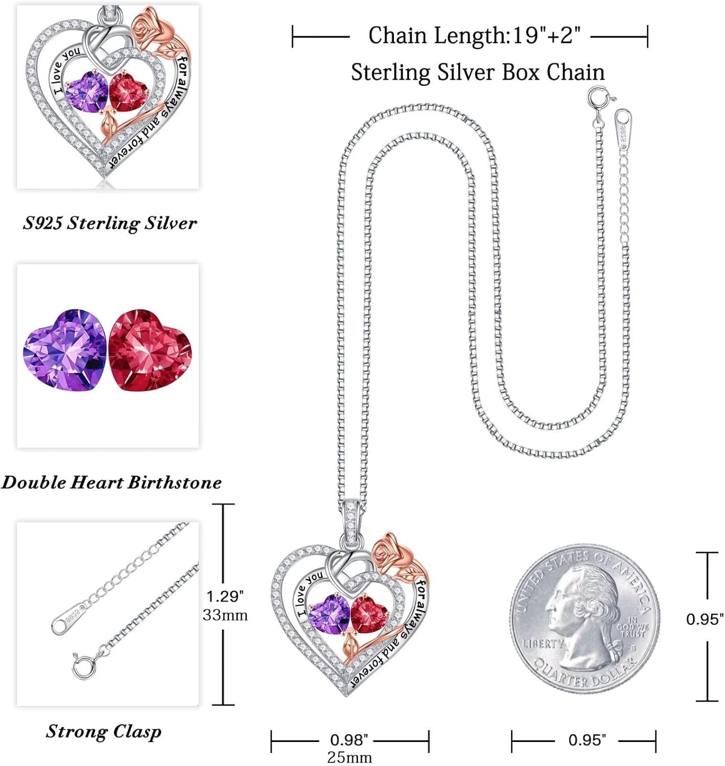 Forever Love Heart Necklace - 925 Silver Double Birthstone Jewelry Gift for Her