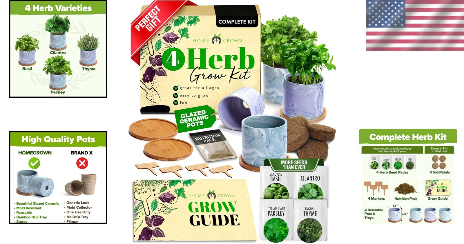 Indoor Herb Garden Kit with Glazed Ceramic Pots - Perfect Kitchen Starter Set