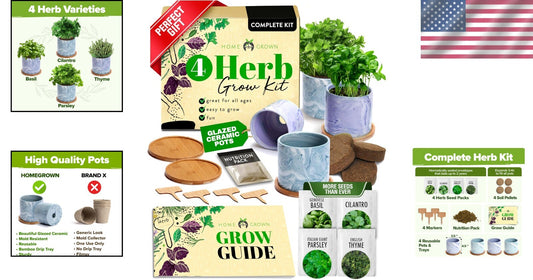 Indoor Herb Garden Kit with Glazed Ceramic Pots - Perfect Kitchen Starter Set