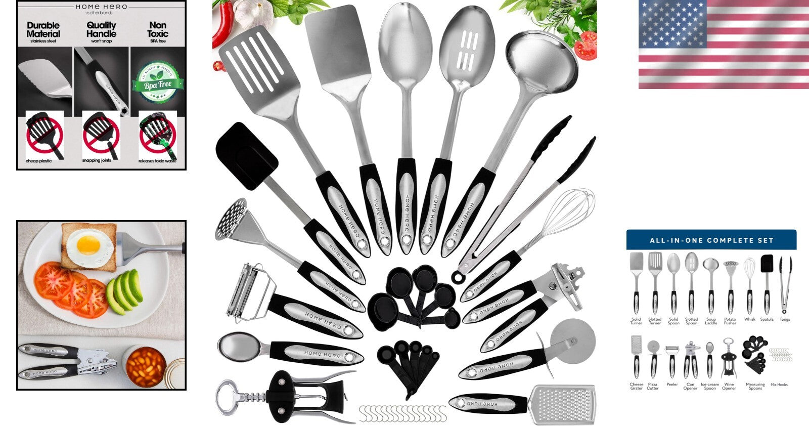 41-Piece Stainless Steel Kitchen Utensils Set - Heat Resistant, Nonstick Gadgets
