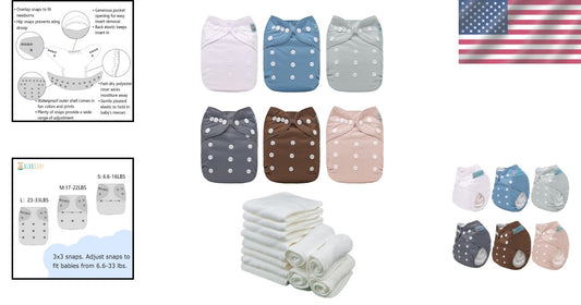 Washable Baby Diapers with 12 Inserts - 6 Pack in Trendy Colors - Unisex Design