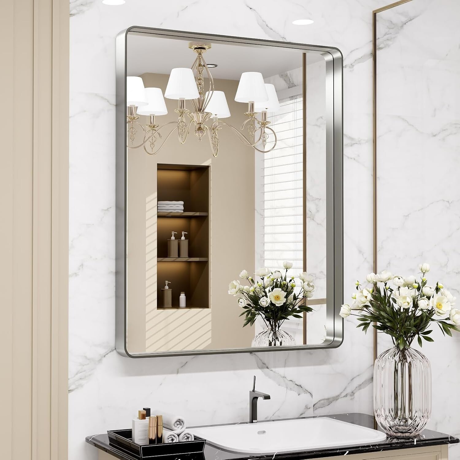 Elegant 28" x 36" Brushed Nickel Bathroom Mirror - Anti-Rust & Distortion-Free
