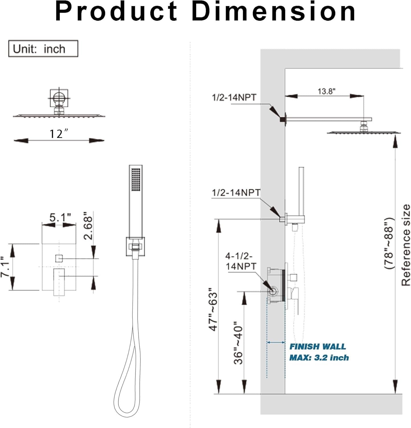 Luxury Brushed Nickel Shower System: 12-Inch Rain Shower Head & Handheld Spray