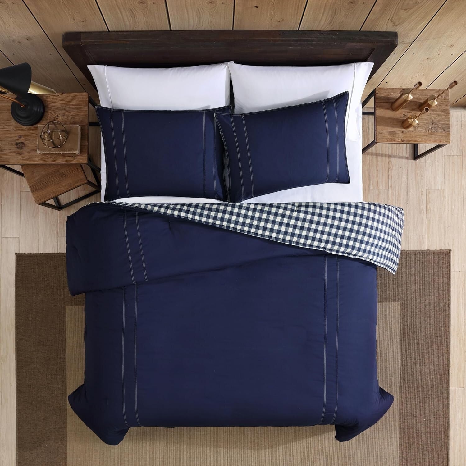 King Comforter Set - Reversible Cotton Bedding with Plaid Shams in Kingston Navy