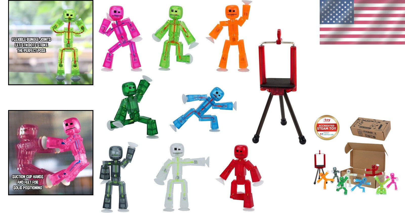8 Clear Poseable Action Figures & Tripod for Imaginative Stop Motion - Kids 4+