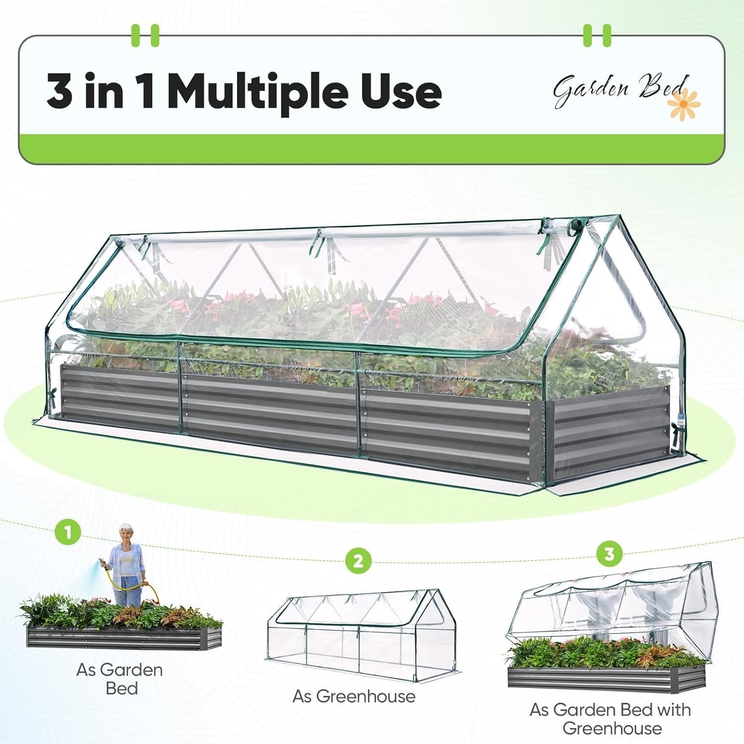 Durable 8x4 ft Galvanized Raised Garden Bed with Protective Cover and Screens