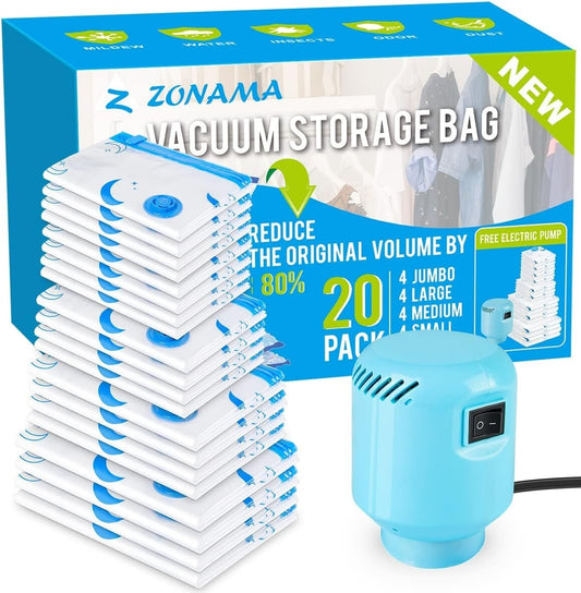 20 Pack Vacuum Storage Bags with Electric Pump - Space-Saving in Jumbo to Small