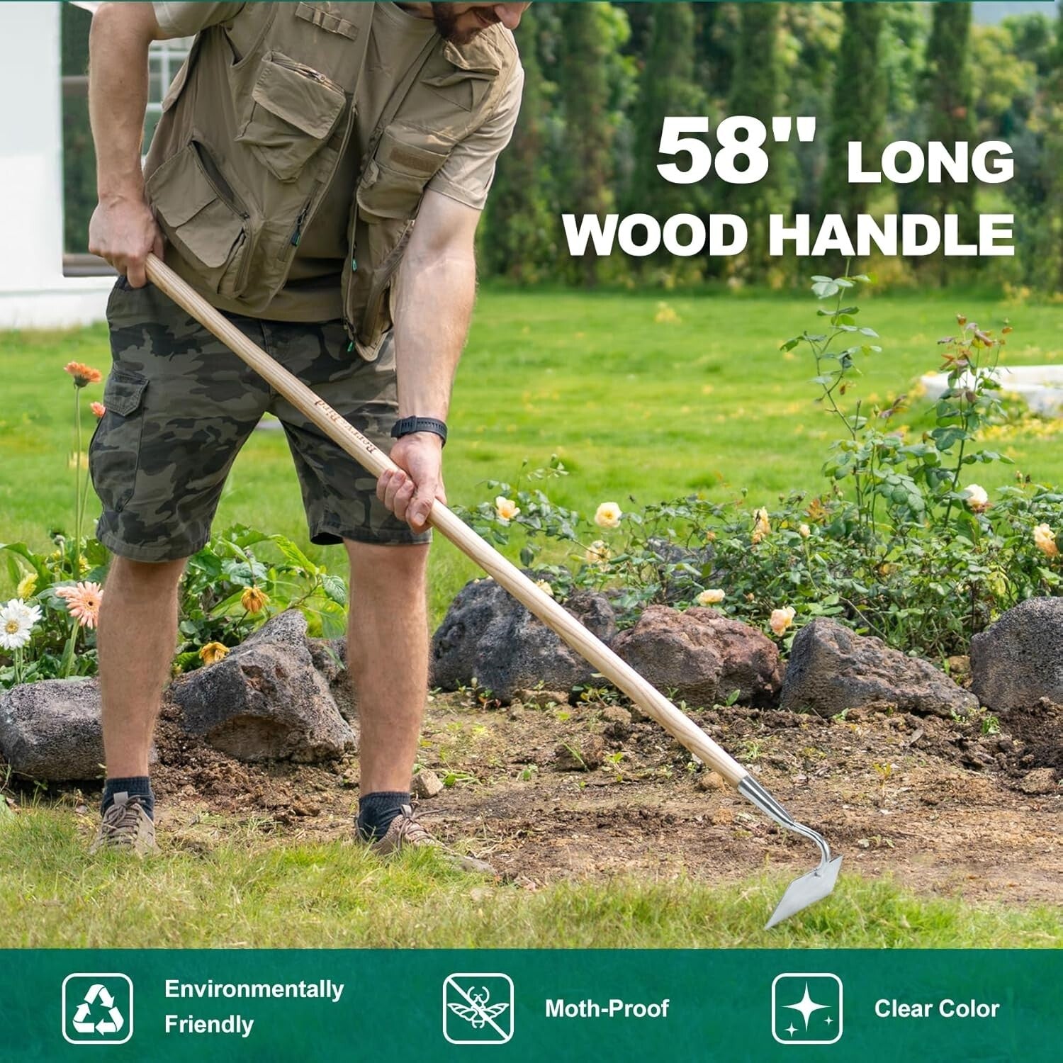 58-Inch Ergonomic Flat Edge Garden Hoe - Durable Stainless Steel Weeder Tool