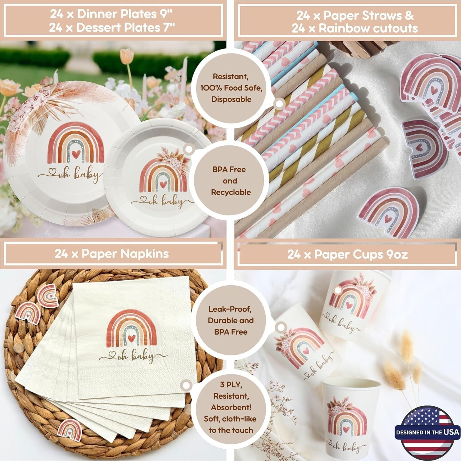 Elegant Boho Baby Shower Decorations - Complete Kit with Backdrop & Tableware