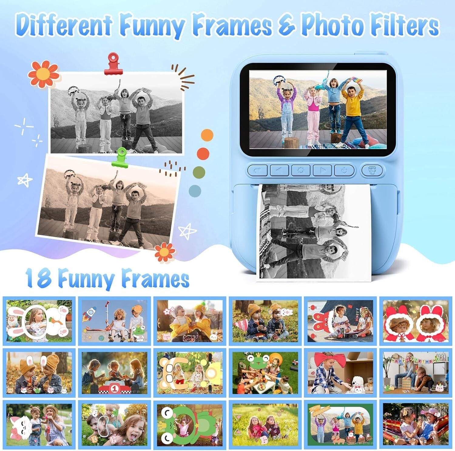 Exciting Instant Print Kids Camera with Built-in Flash & Color Pencils - Blue