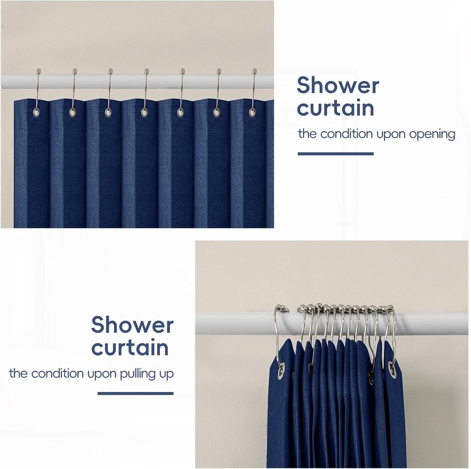 Waterproof Accordion Shower Curtain - Space-Saving Magnetic 1 Panel, Dark Blue
