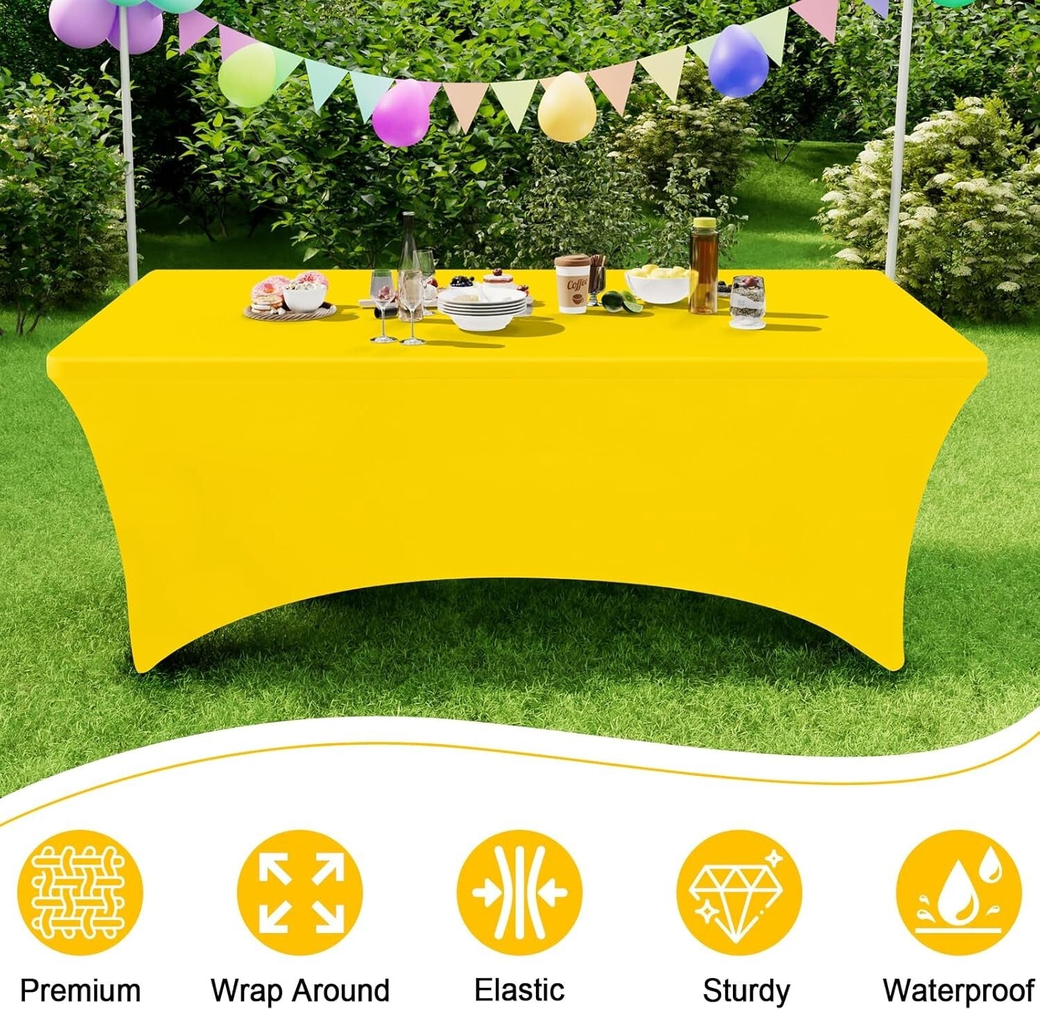 8FT Elastic Fitted Table Covers - 2 Pack Yellow Spandex for Weddings and Parties