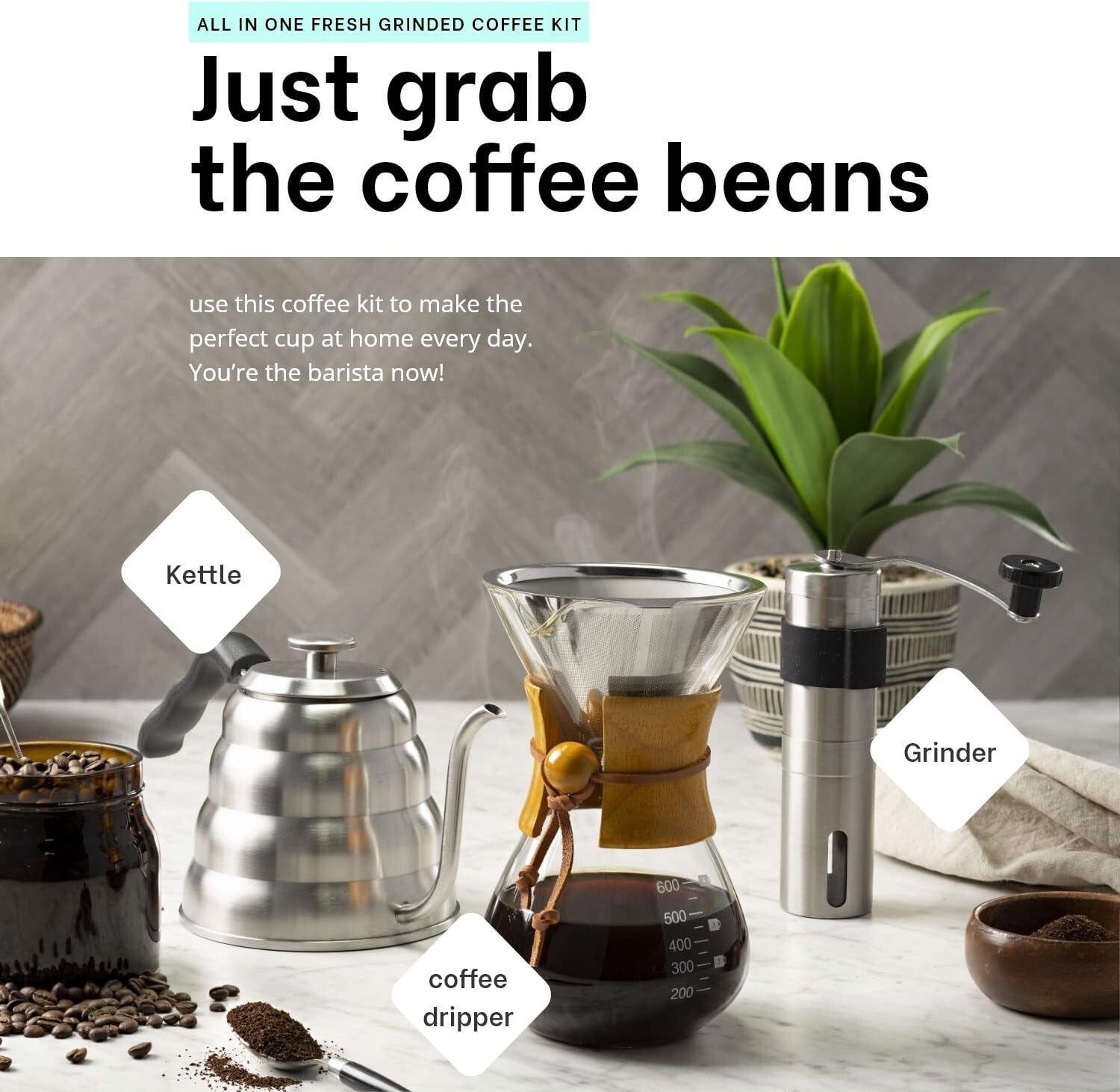 Elegant Coffee Set: Includes Gooseneck Kettle, Grinder & Dripper for Home Use