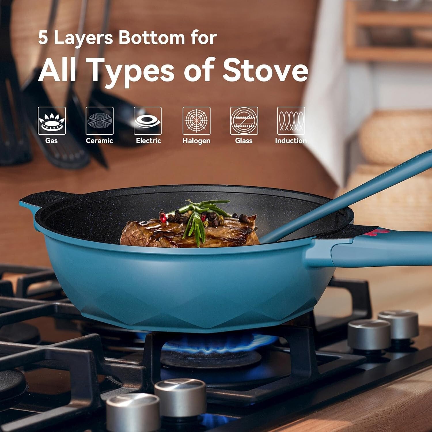 Non-Toxic 5 Quart Deep Frying Pan with Detachable Handle - Heat Indicator