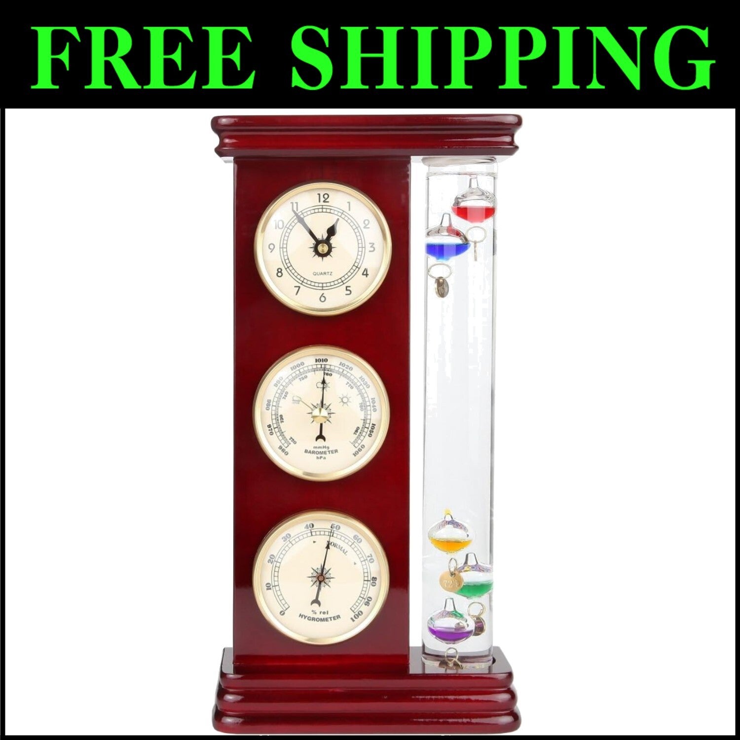 Classic Gold Weather Station with Galileo Thermometer & Multi-Colored Spheres