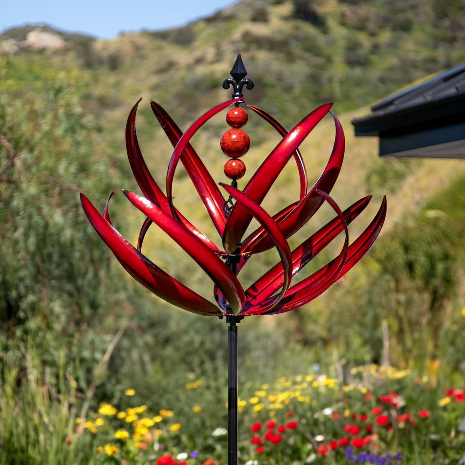 Durable Kinetic Garden Wind Spinner - Burgundy Lotus Design for Outdoor Spaces