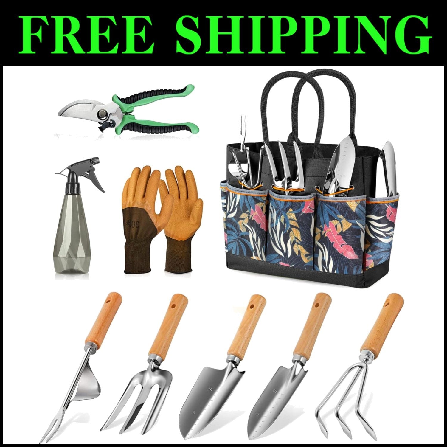 9-Piece Heavy-Duty Gardening Tools Set with Stylish Tote Bag - Ideal Gift for...