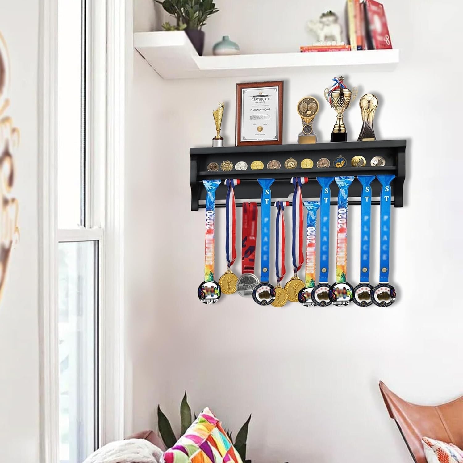 Elegant Solid Wood Wall Mount Medal Display Rack - Showcase Your Achievements
