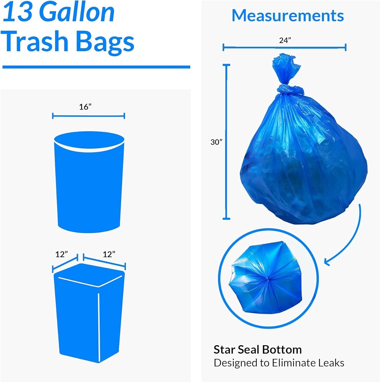 Durable 13 Gallon Blue Recycling Trash Bags | 300 Count - Leak Proof Design