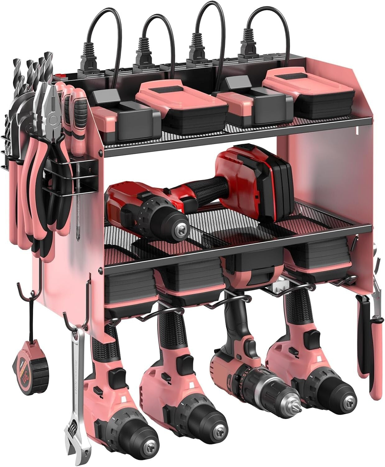 Heavy-Duty Power Tool Storage Shelf with Hooks and Built-in Charging Station