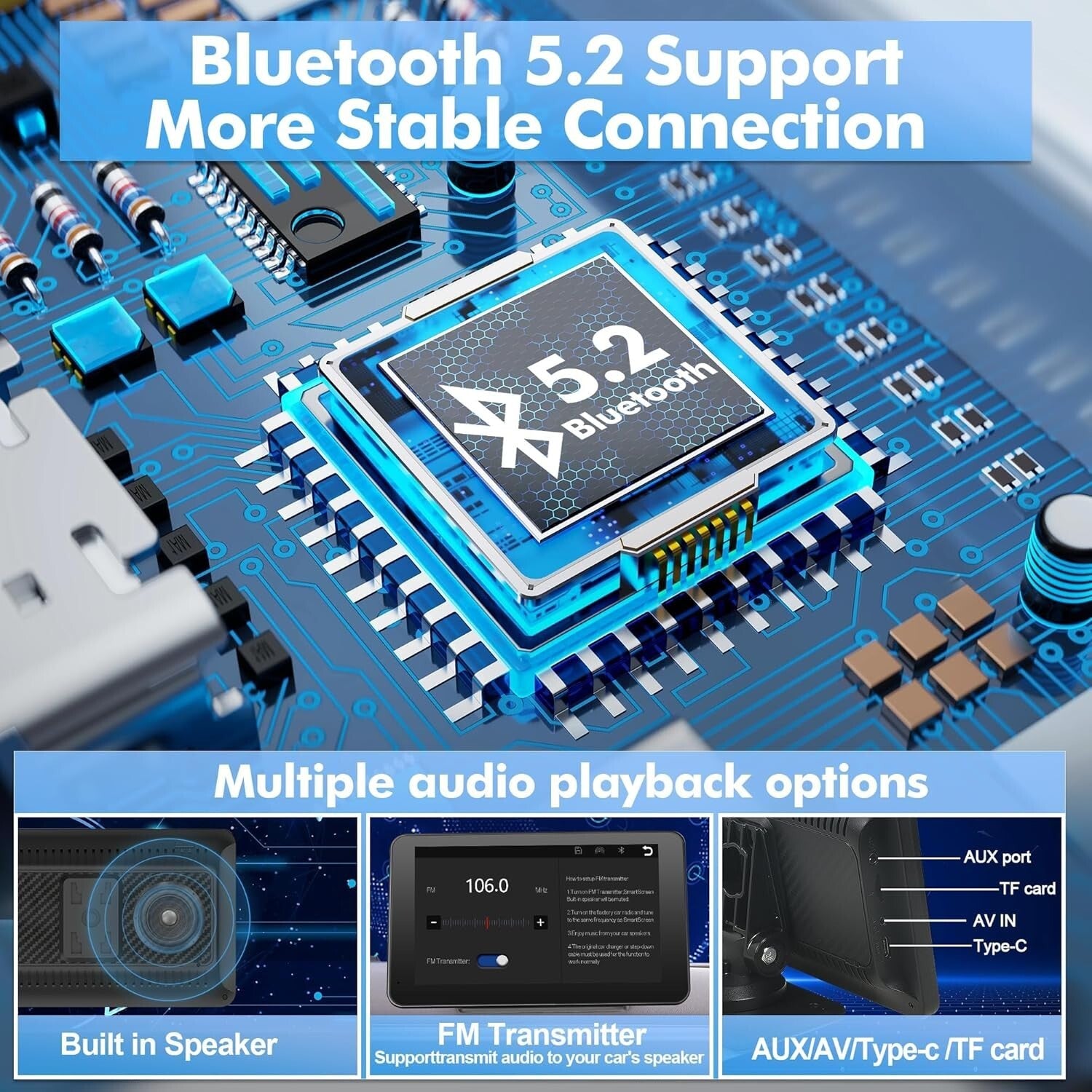 Portable 7-Inch Wireless Carplay Screen with Voice Control & HD Video Features