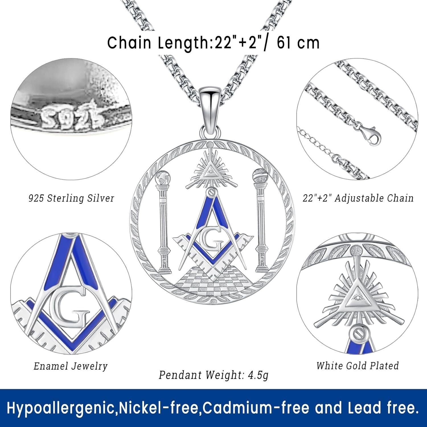Unisex Freemason Necklace - Sterling Silver Valknut Amulet with Adjustable Chain