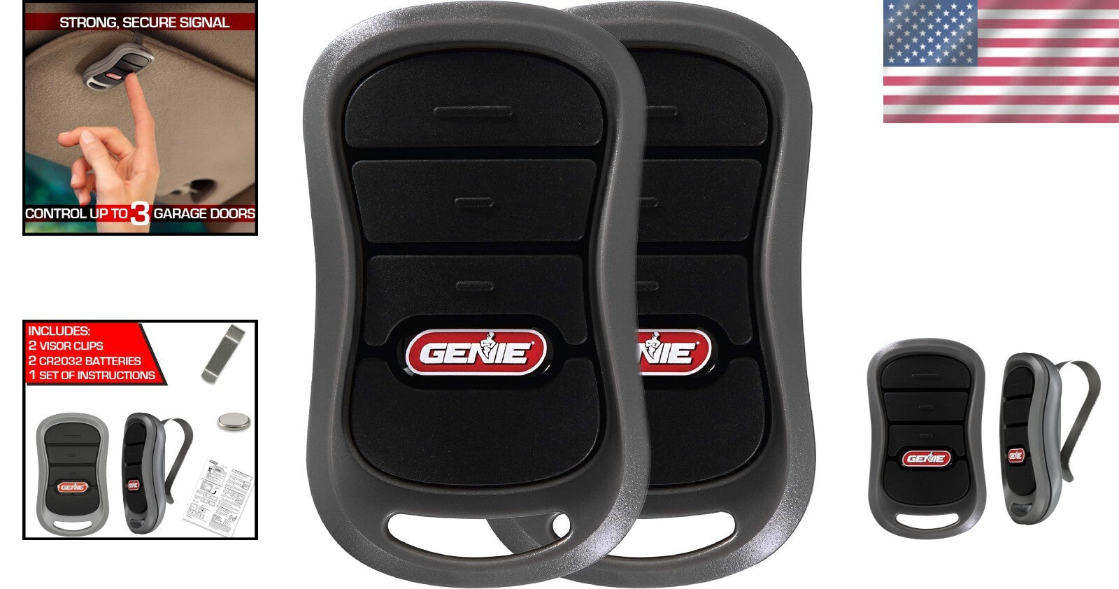 2-Pack Ergonomic 3-Button Garage Door Opener Remotes - Intellicode Compatible