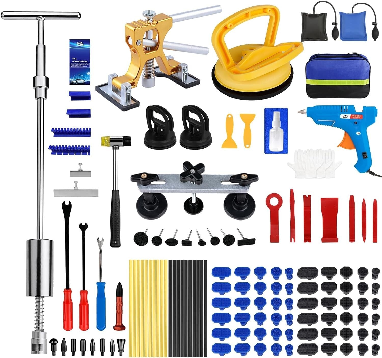 129pc Professional Dent Puller Kit with T-Bar & Bridge Puller for DIY Repairs