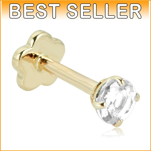14K Yellow Gold Hypoallergenic Cartilage Earring with 3mm Simulated Diamond