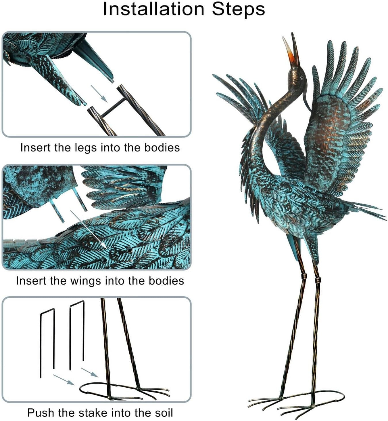 Elegant Handmade Garden Crane Sculptures - Blue Metal Bird Yard Art Set