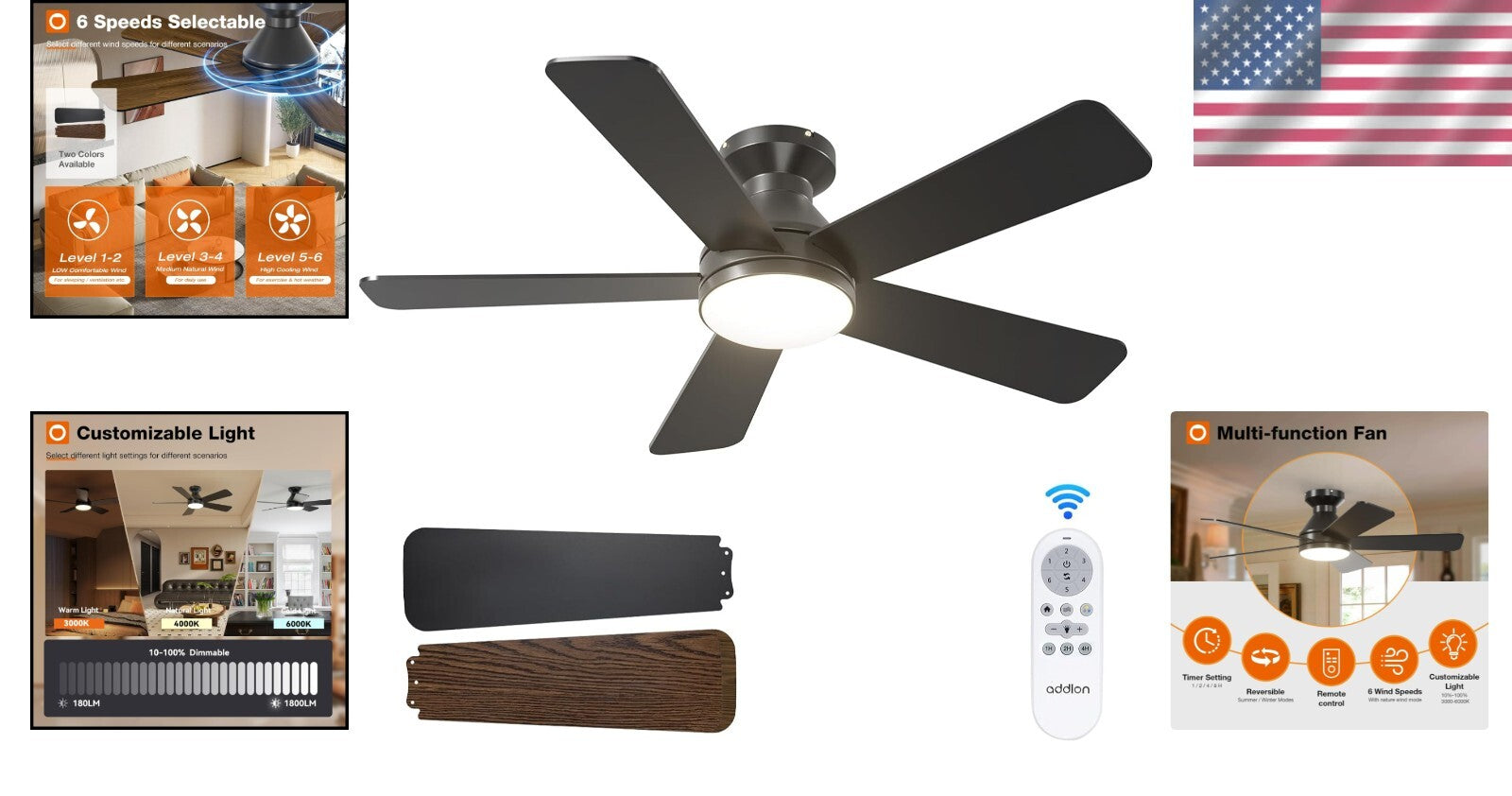 42-Inch Ceiling Fan with Light - Modern Matte Black, Remote & Timer Function