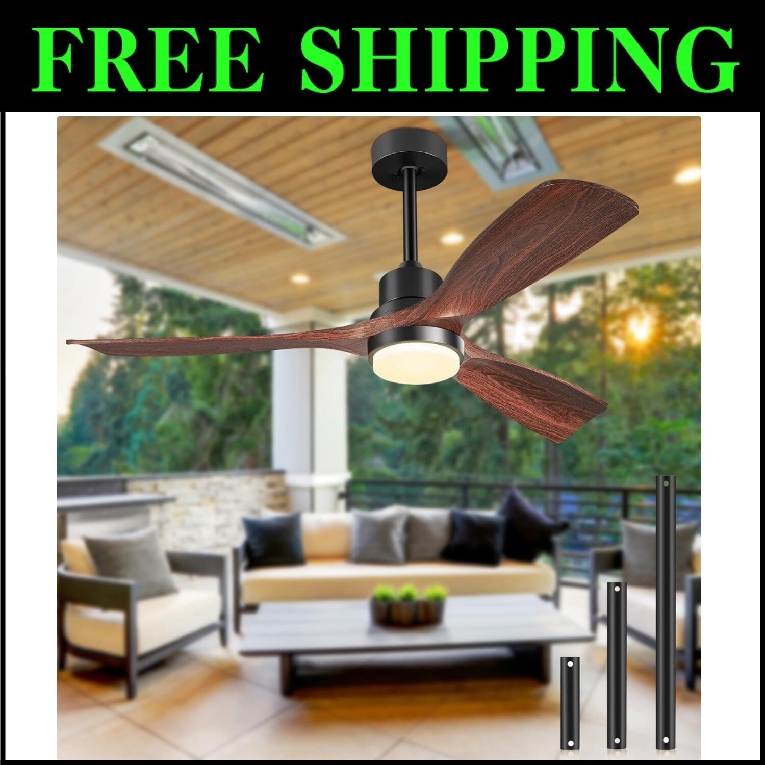 Quiet 3-Blade Ceiling Fan with Light and Remote, 52 Inch for Indoor/Outdoor