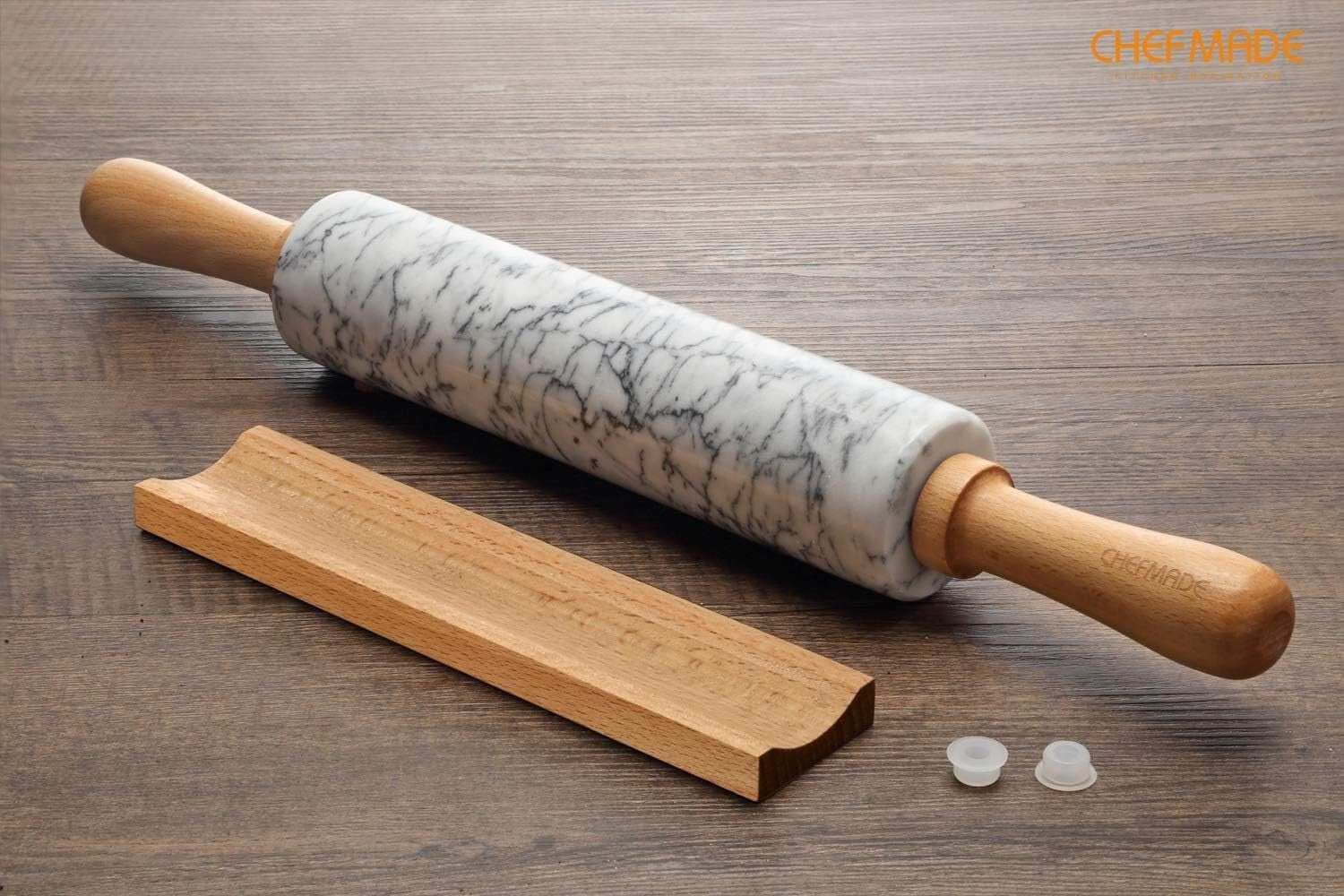 Elegant 18-Inch Marble Rolling Pin with Wooden Handles - Non-Stick Gray & White