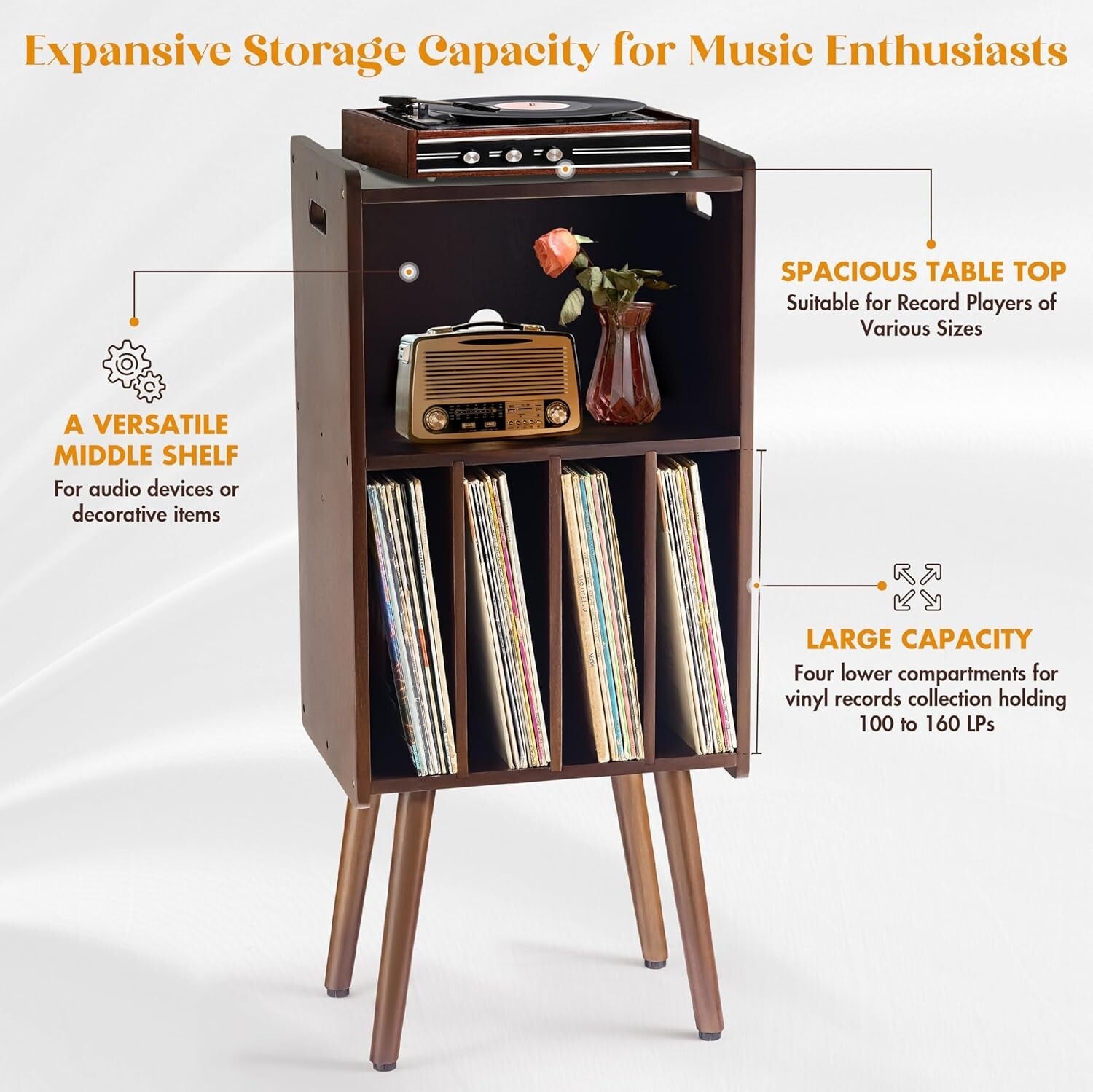 Mid-Century Modern 3-Tier Turntable Stand & Vinyl Storage for 160 Records