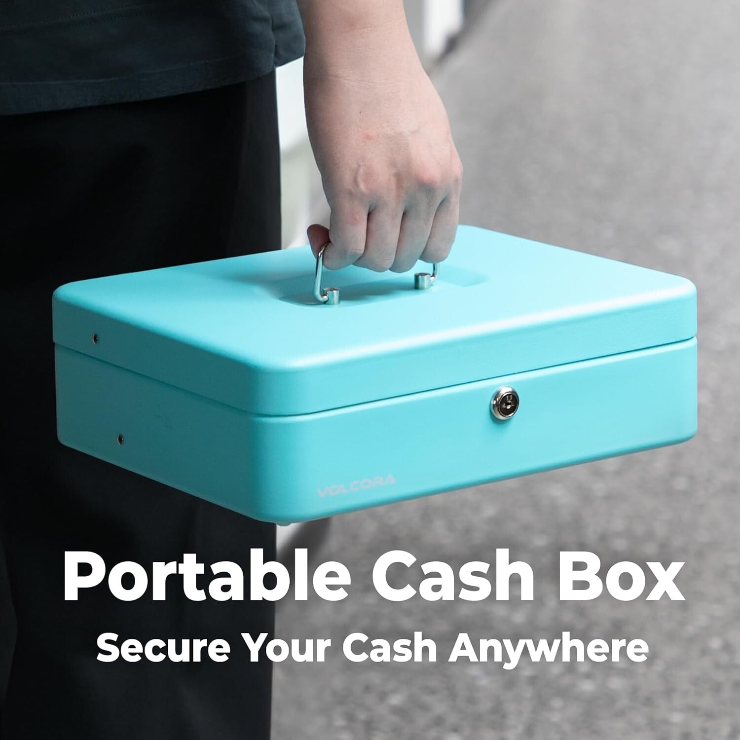 Cyan Key Lock Cash Box: Durable Portable Safe for Events - Heavy-Duty Design
