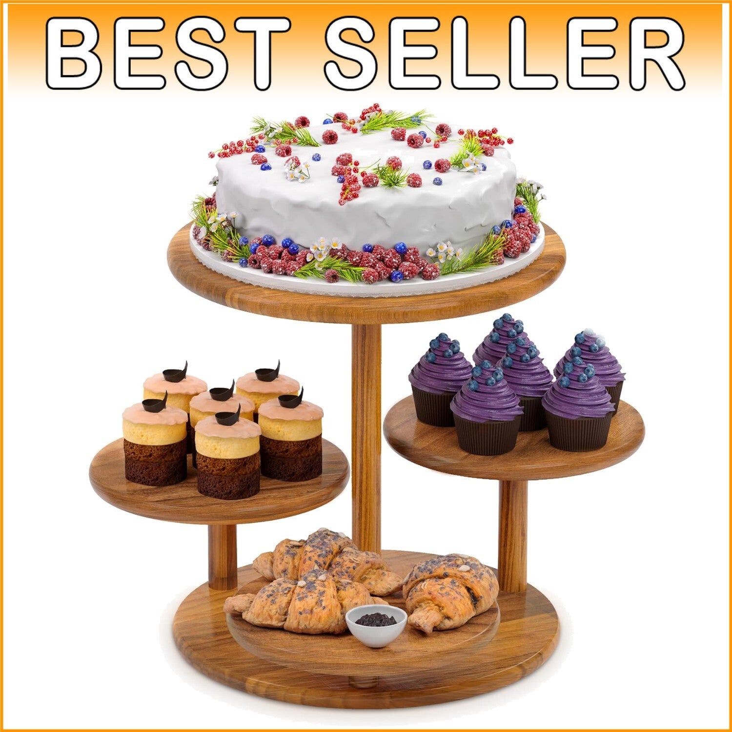 4-Tier Rustic Acacia Wood Cupcake Stand for 50 – Elegant Dessert Display