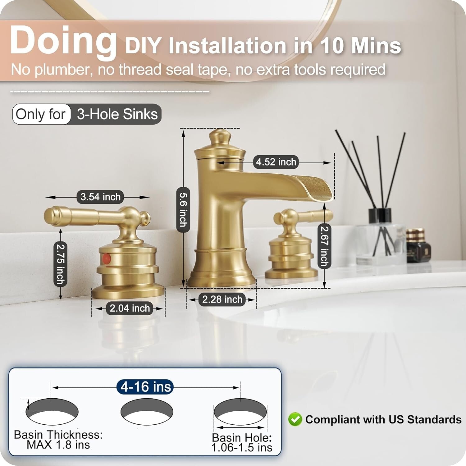 Elegant Gold Bathroom Faucet with Waterfall Spout - 4-16 Inch Widespread Design