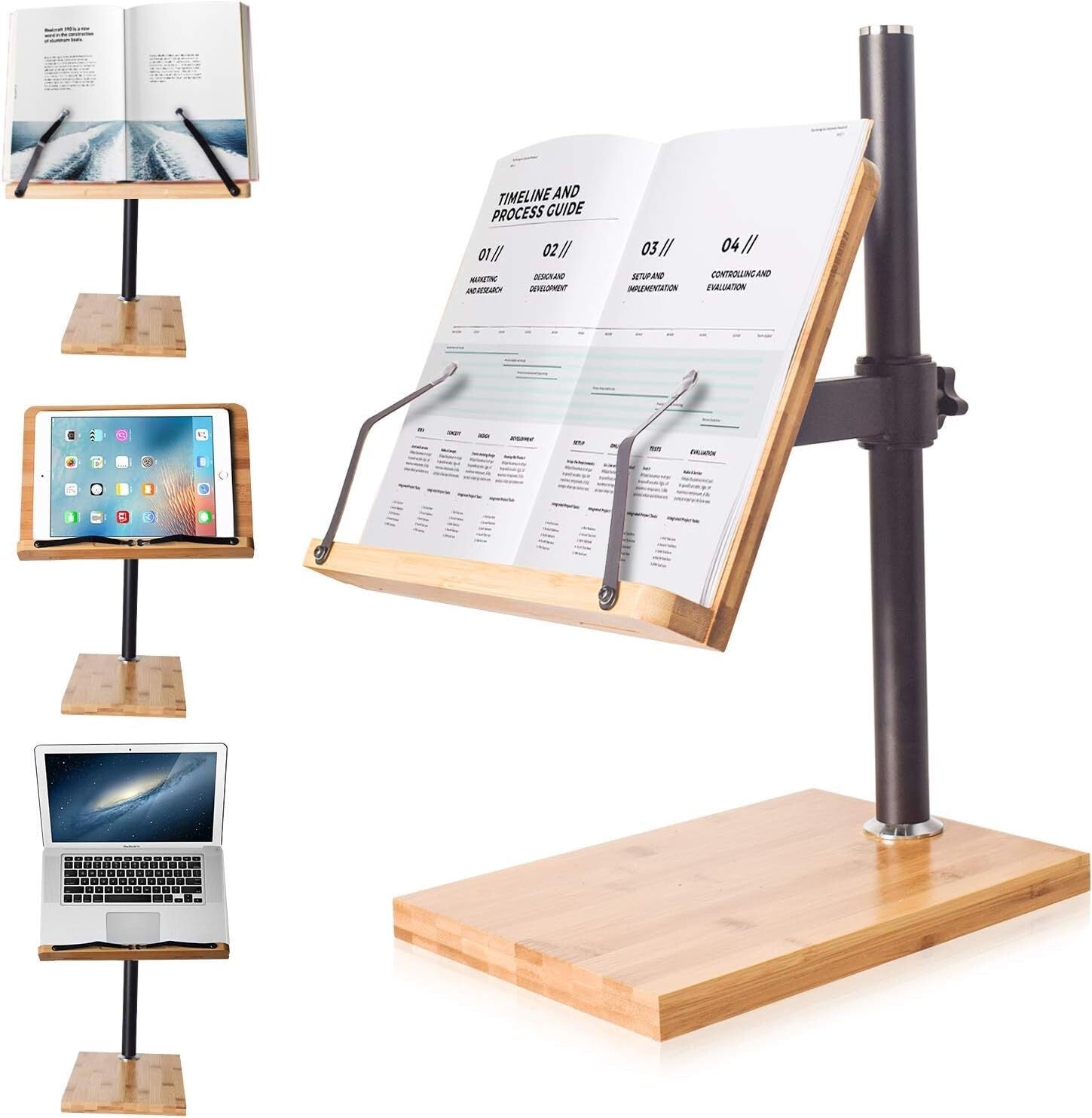 Height & Angle Adjustable Bamboo Book Holder with Page Clips - 11 x 8 Inches